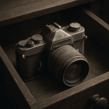 Dulkėtas fotoaparatas stalčiuje – simbolizuoja pamirštą svajonę fotografuoti.