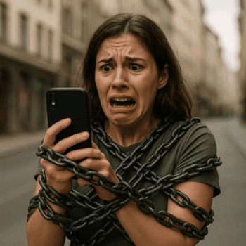 Moteris surakinta grandinėmis, laikanti telefoną – simbolizuoja priklausomybę nuo telefono ir norą ištrūkti į tikrą fotografiją.