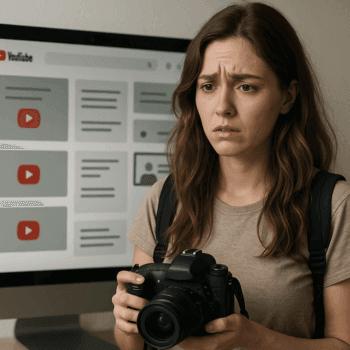 Sutrikusi moteris su fotoaparatu priešais YouTube ekraną – perteikia painiavą mokantis iš padrikų interneto pamokų.