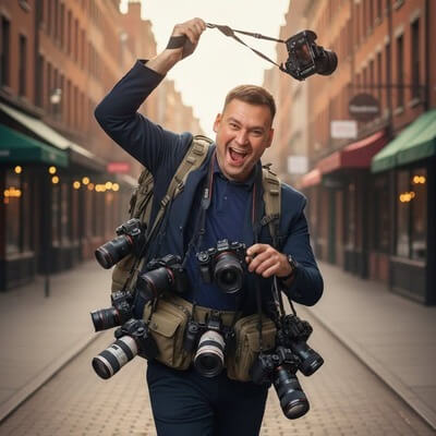 Fotografijos kursų Kaune pradedantiesiems mokytojas Ramūnas su fotoaparatais mojuoja miesto fone