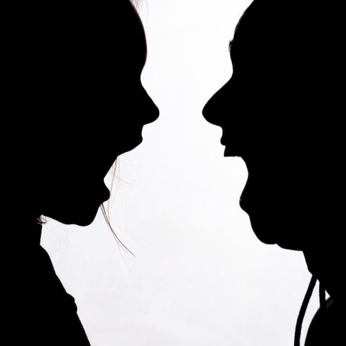 Dviejų žmonių siluetai iš šono, veidai vienas prieš kitą, išreiškia įtampą – fotografijos kursų užduotis 14B, mokinys Andrius J.